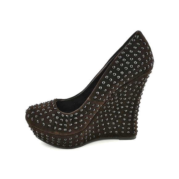 Brown Velvet Platform Wedges Black Spike Gems Y2K Fierce Vintage Heels - Picture 1 of 13